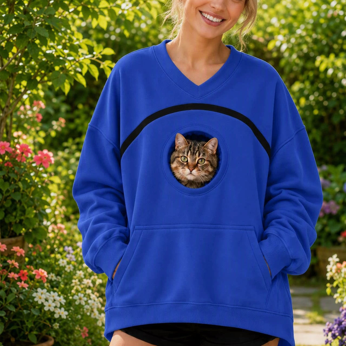 Human & Pet 2-in-1 V-Neck Sweatshirt with Cat Pocket