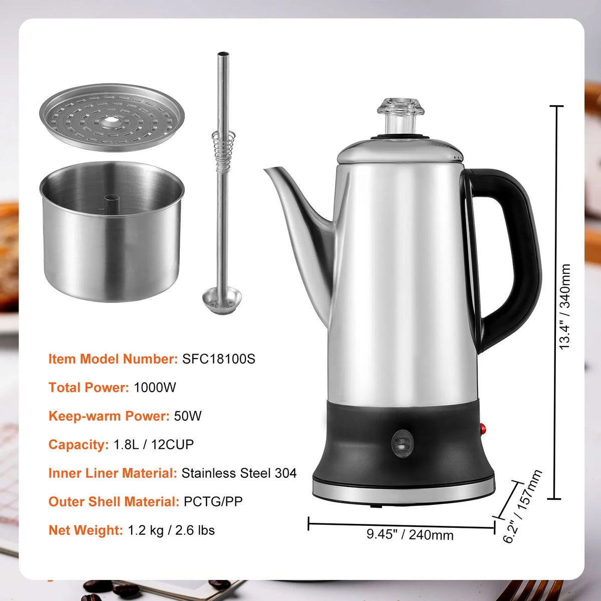 12-Cup Stainless Steel Electric Coffee Percolator