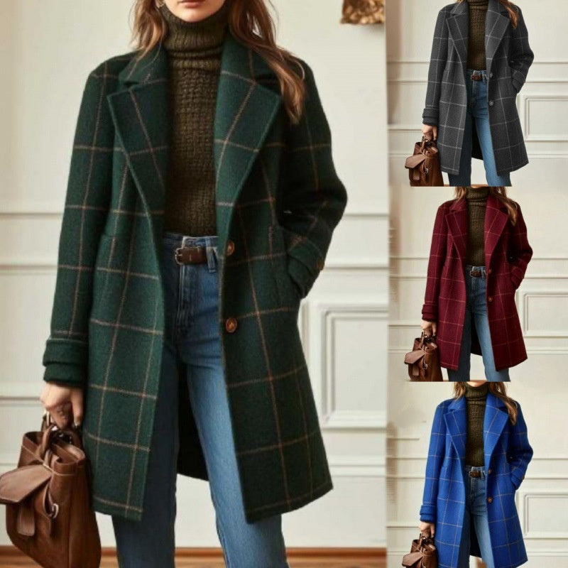 Women's Elegant Midi Plaid Lapel Coat