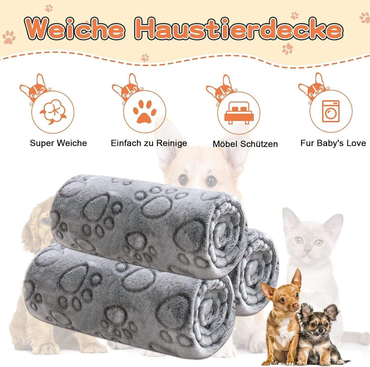 Soft Fleece Paw Print Pet Blanket 3-Pack - Washable Dog & Cat