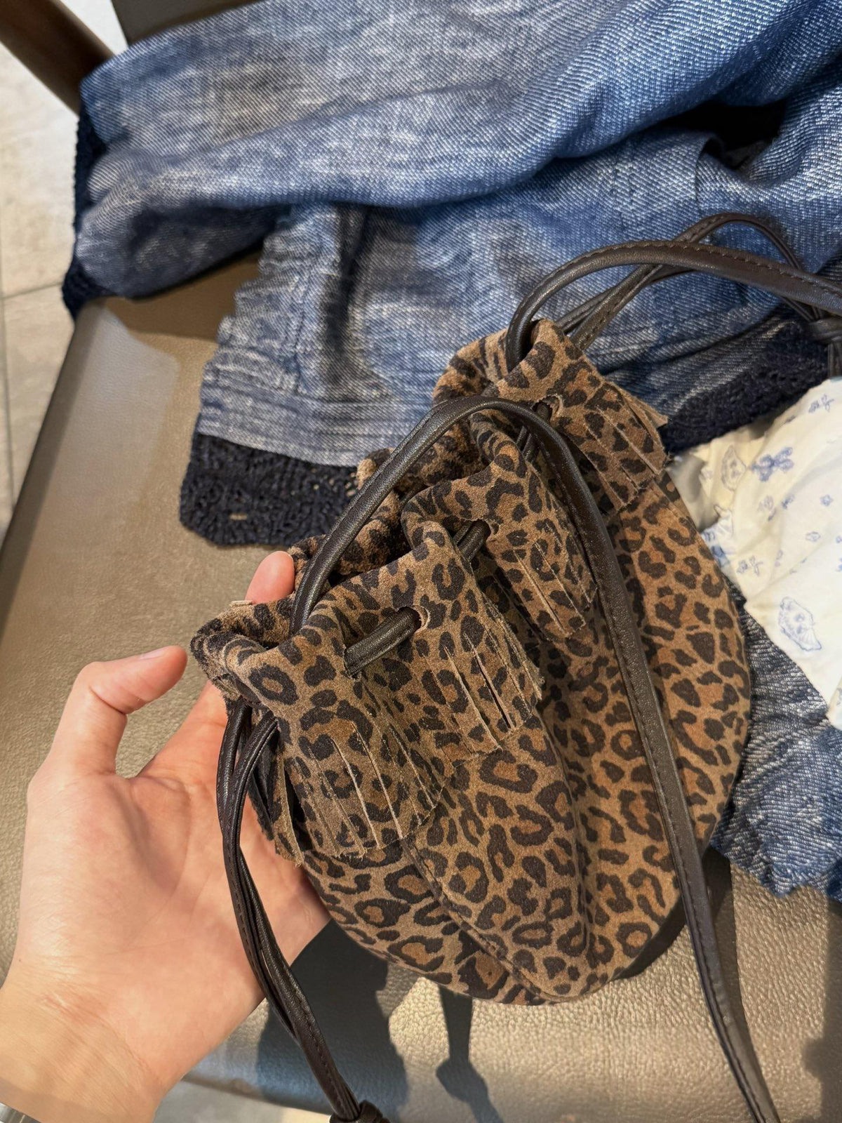 Leopard Print Genuine Leather Bucket Bag — Tassel Crossbody