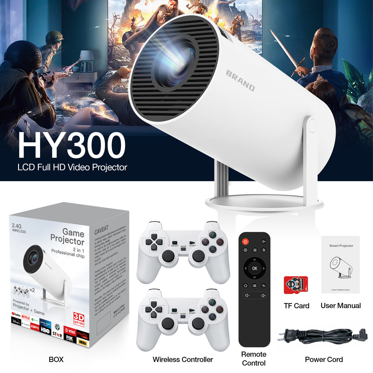 M300 Max Portable Game Projector with 2 Wireless Controllers