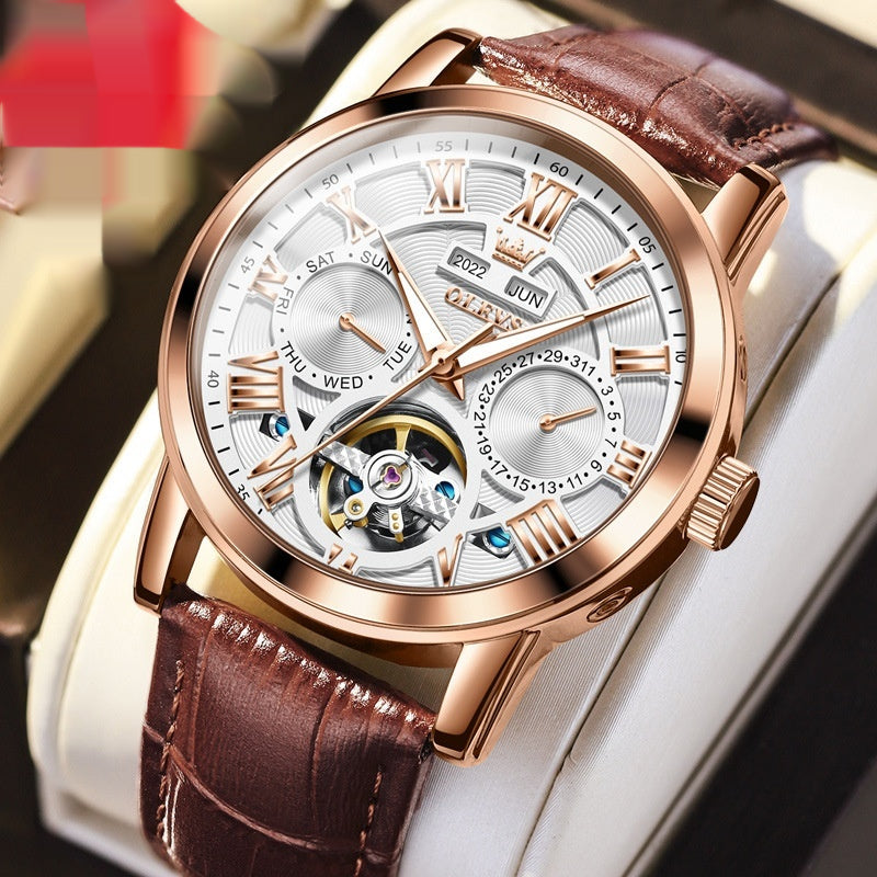 Men's Automatic Mechanical Watch with Leather Strap
