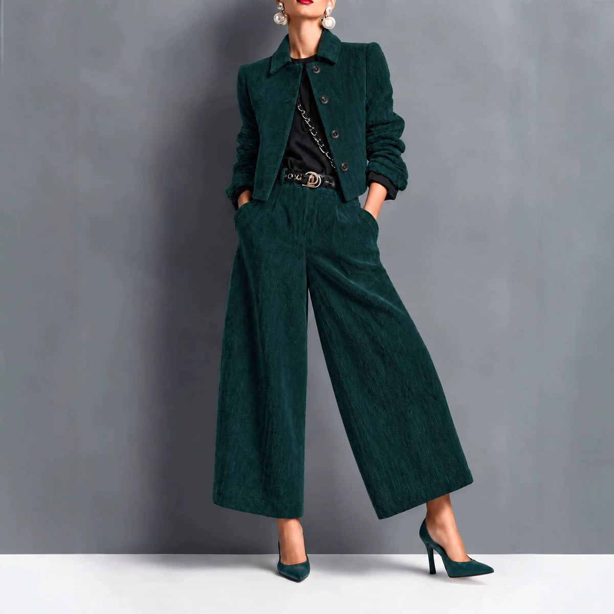 Women's Corduroy Cropped Jacket & Wide-Leg Pants Set