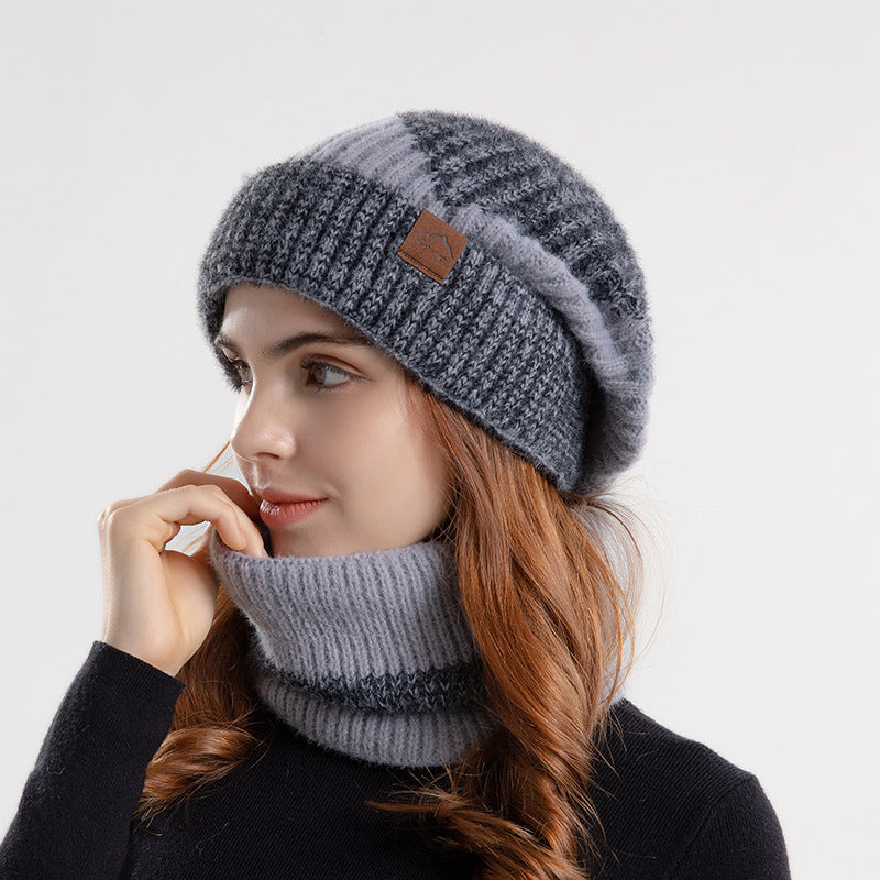 2pcs Knitted Hat Suit With Scarf Winter Two-color And Thick