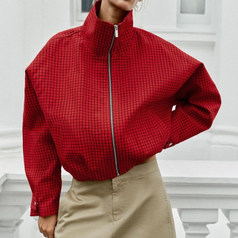 Women's Plaid Stand-Collar Bomber Jacket