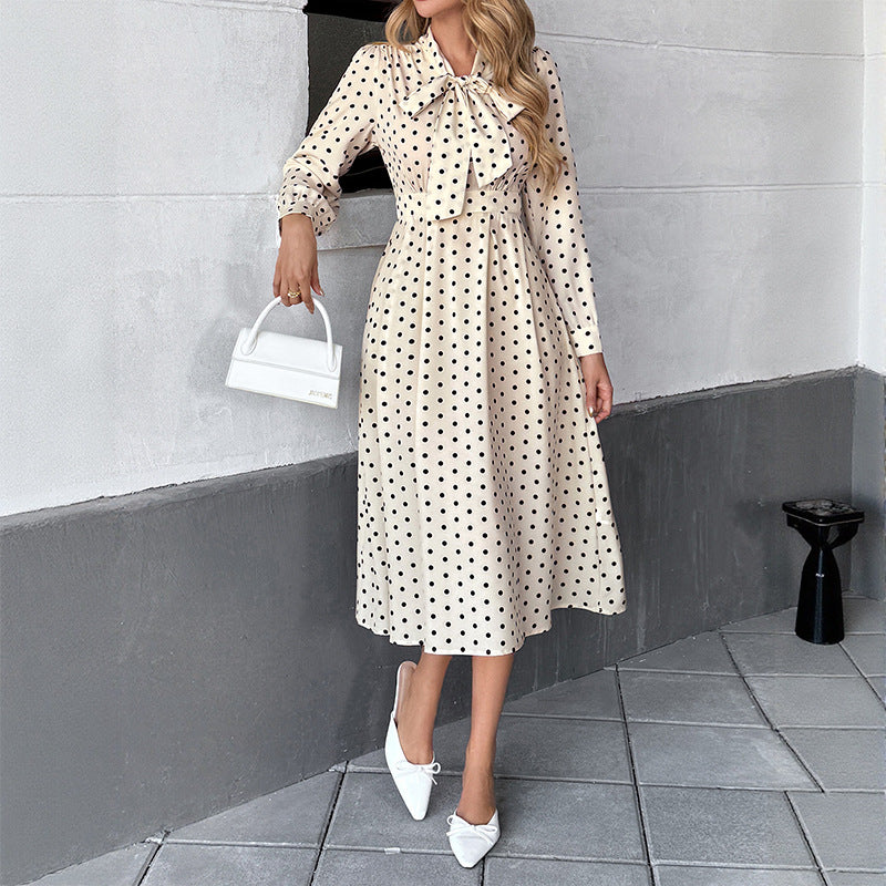 Women's Retro Polka-Dot Bow-Tie Long-Sleeve Dress