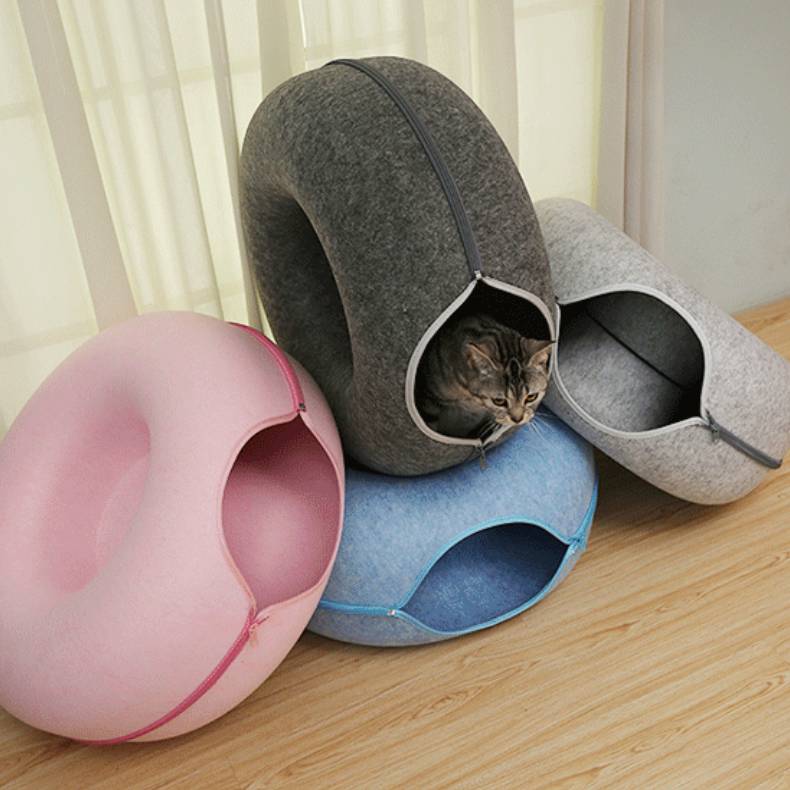 Donut Cat Tunnel Bed Pets House Natural Felt Pet Cave