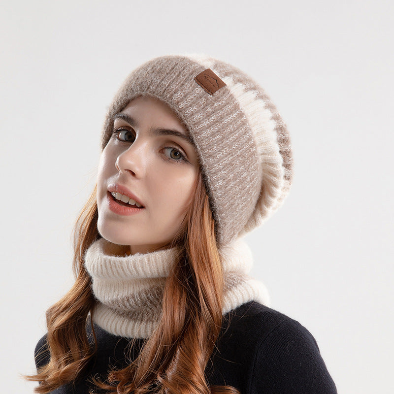 2pcs Knitted Hat Suit With Scarf Winter Two-color And Thick