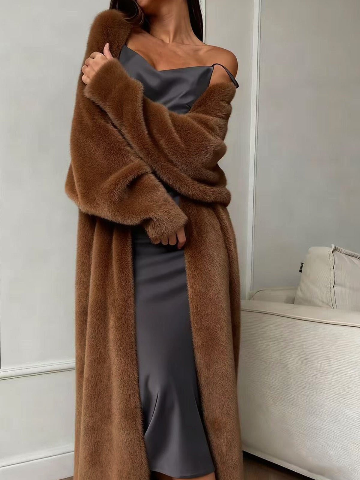 Women's Fluffy Faux Mink Long Open-Front Cardigan