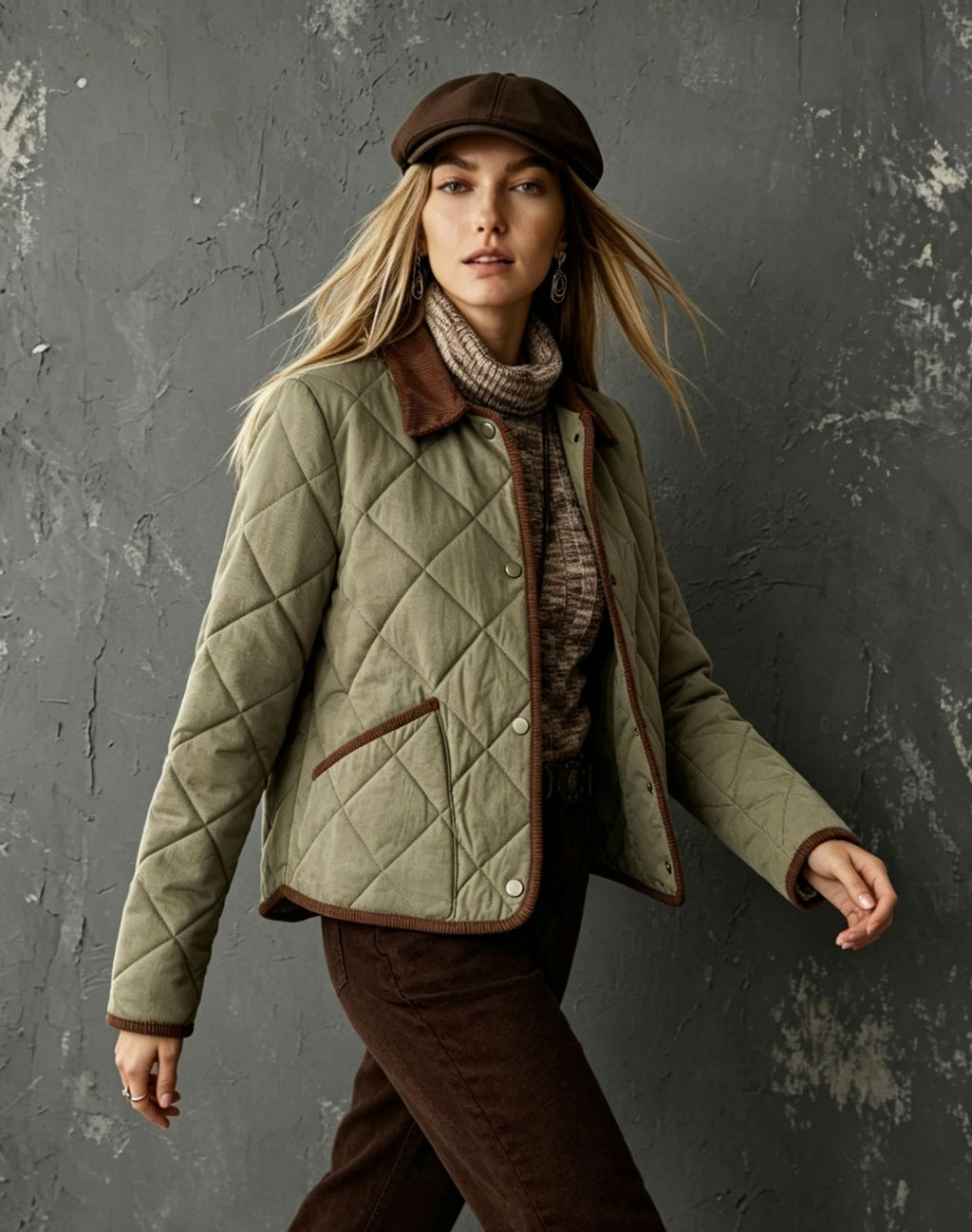 Women's Quilted Jacket with Corduroy Collar