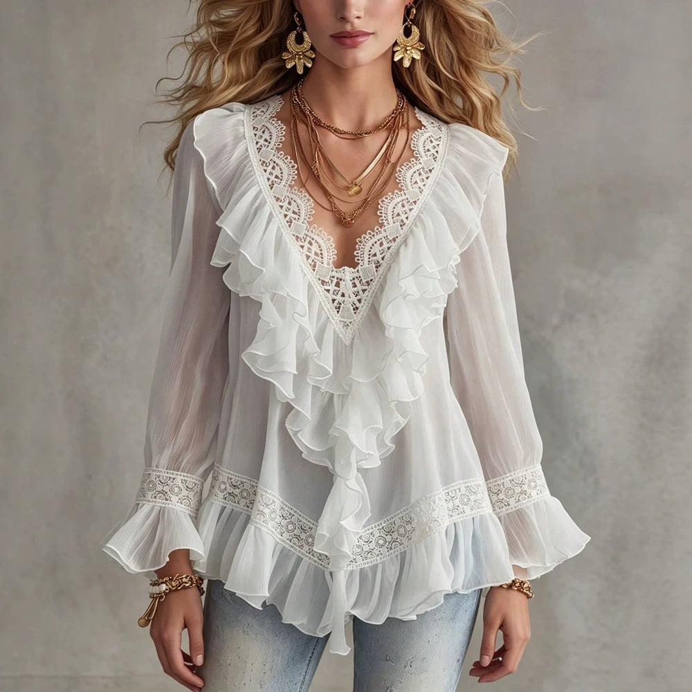 Women's Bohemian Lace V-Neck Long-Sleeve Top