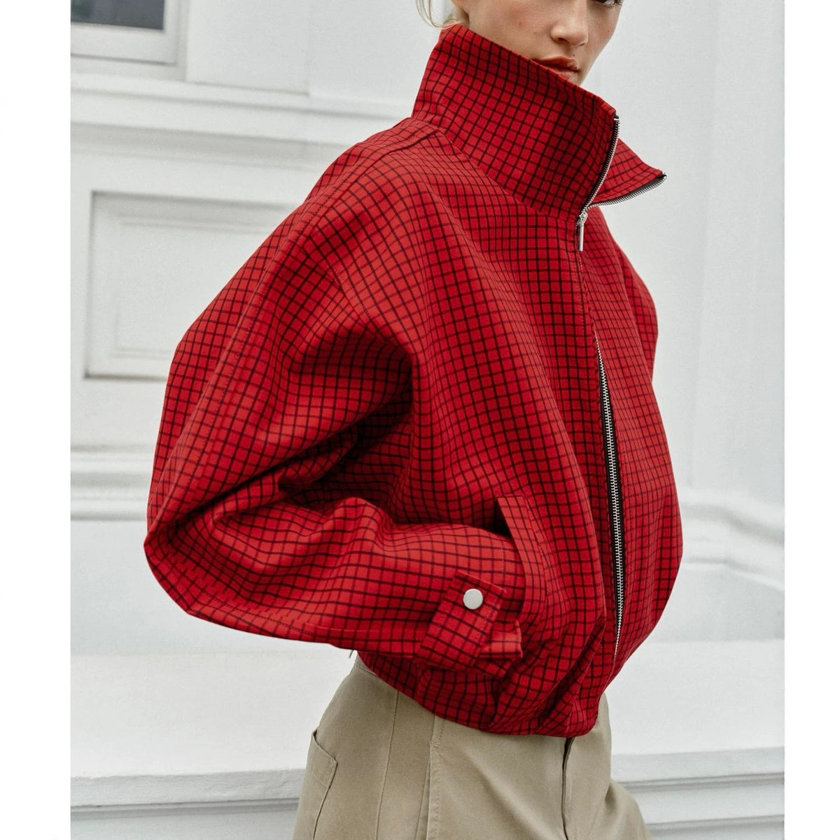 Women's Plaid Stand-Collar Bomber Jacket