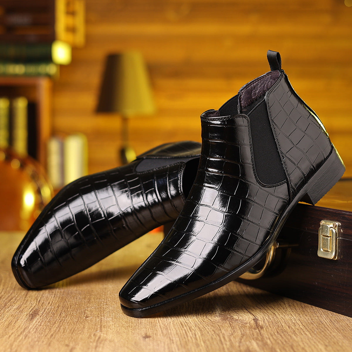 Men's Crocodile-Texture Leather Chelsea Boots