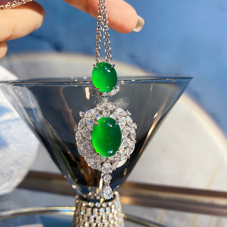 Green Stone Double Drop Pendant Necklace