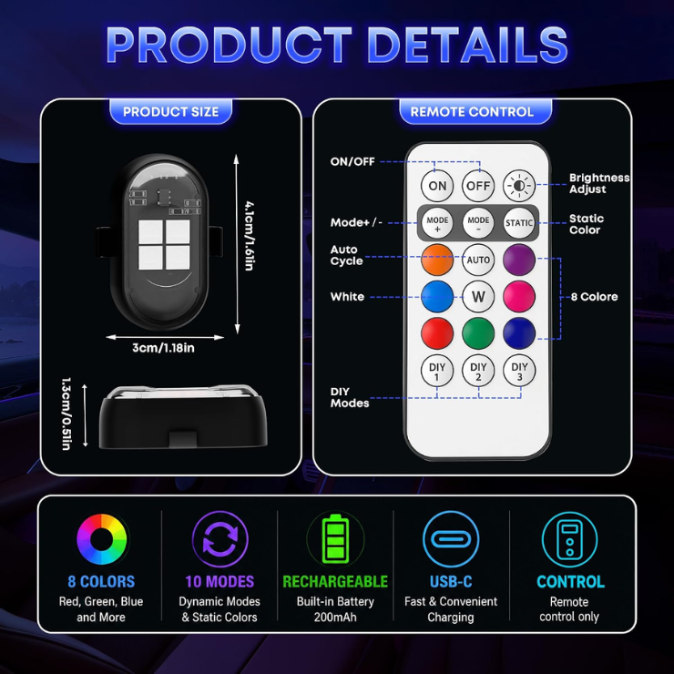 Wireless Rechargeable LED Interior Car Lights with Remote