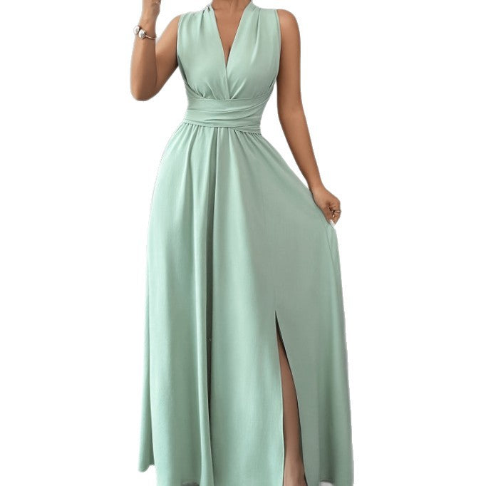 Elegant Emerald V-Neck Bow Maxi Dress for Women