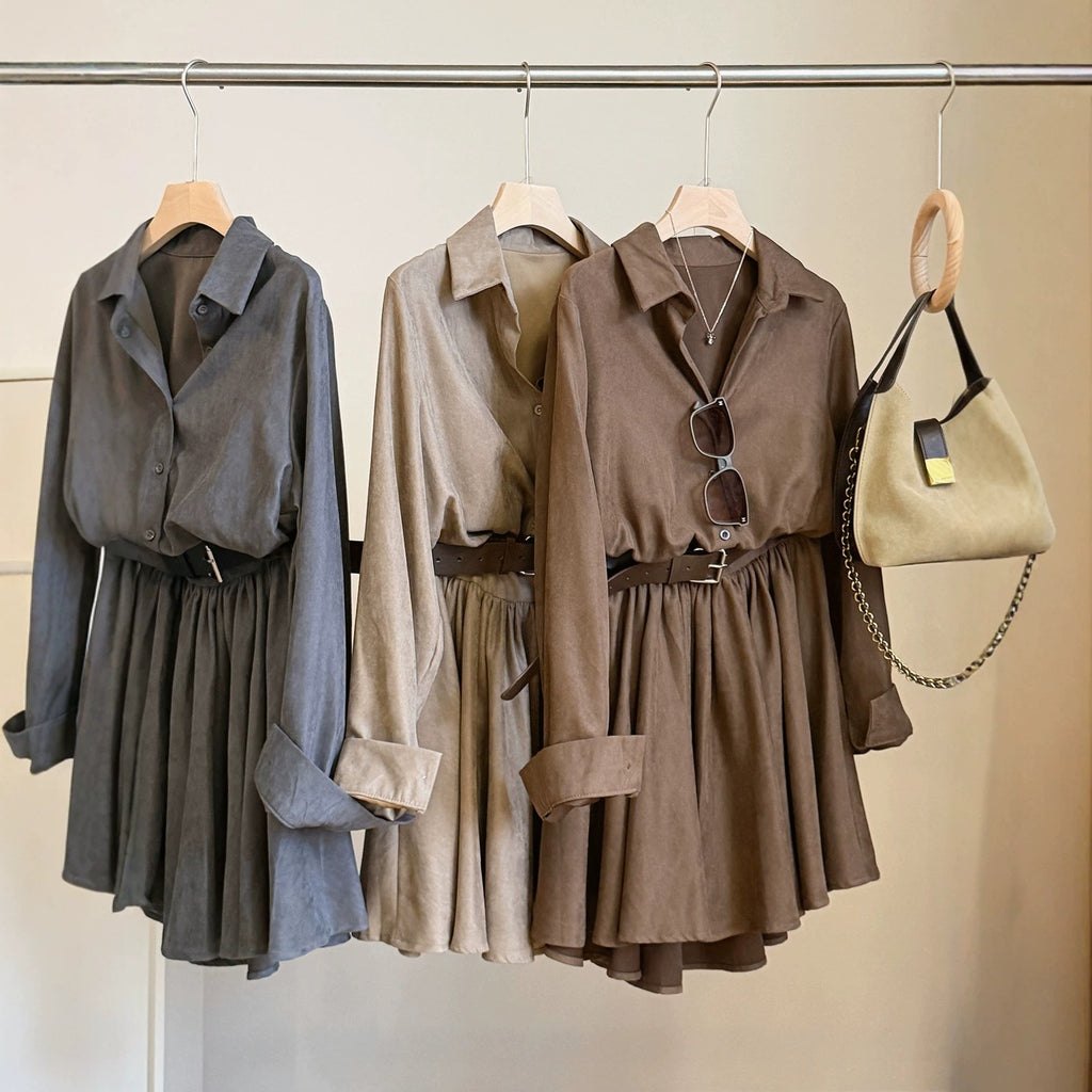 Women's Retro Suede Long-Sleeve Shirt Dress