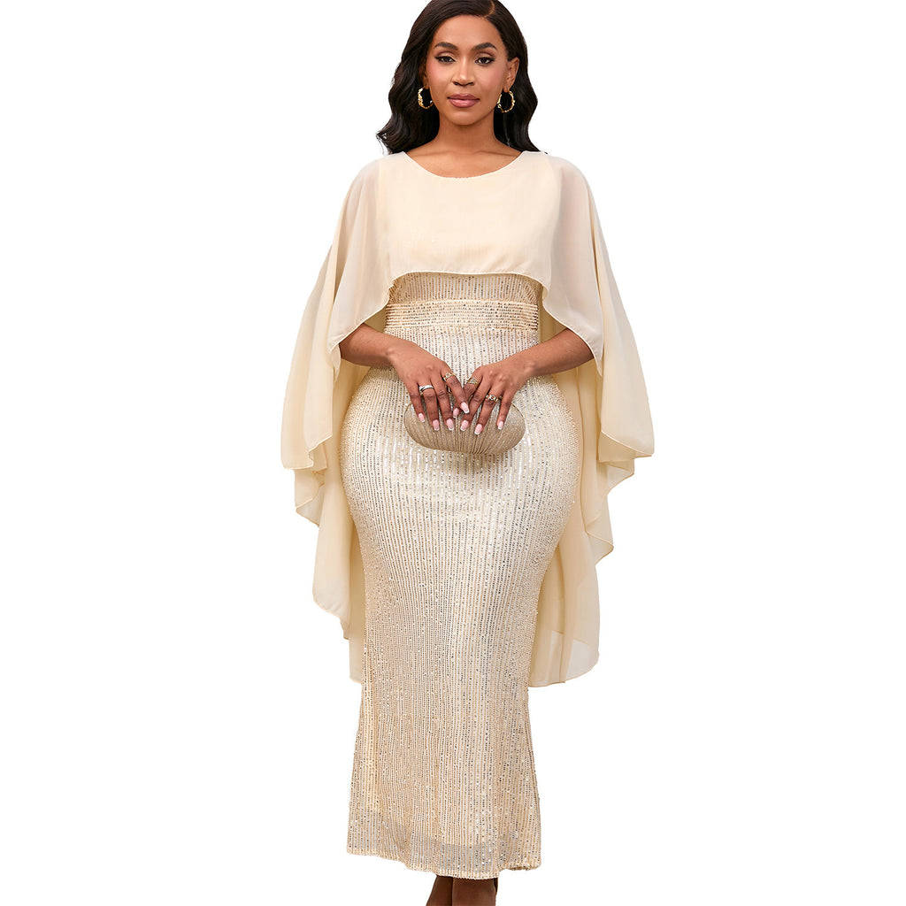 Sequined Bodycon Maxi Dress with Chiffon Cape