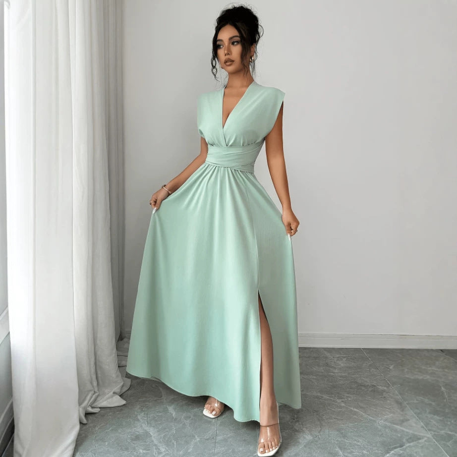 Elegant Emerald V-Neck Bow Maxi Dress for Women