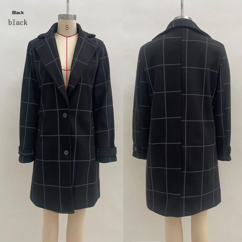 Women's Elegant Midi Plaid Lapel Coat