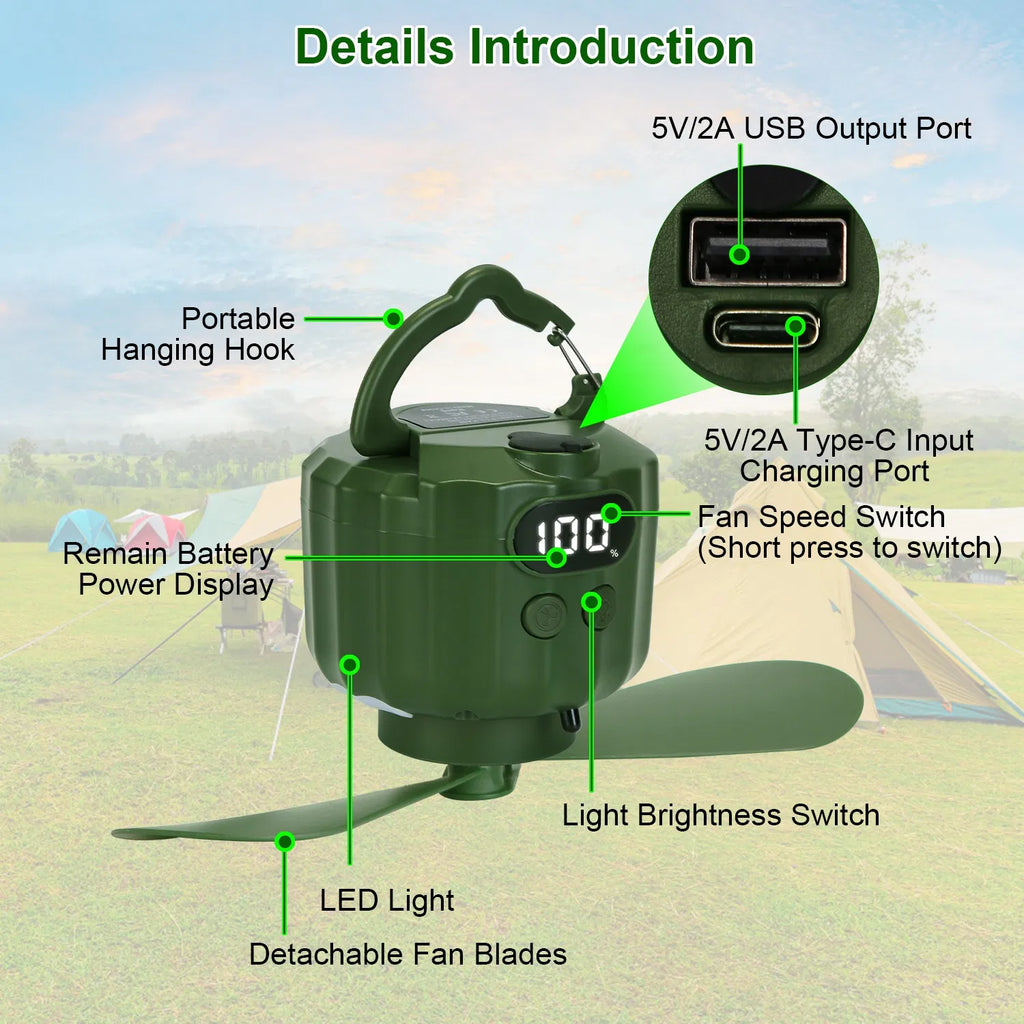 3-in-1 Rechargeable Camping Fan with LED Lantern & Power Bank
