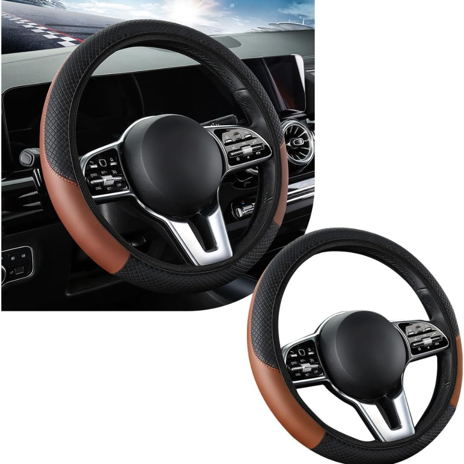 Leather Steering Wheel Cover — Breathable, Non-Slip, 15 Inch