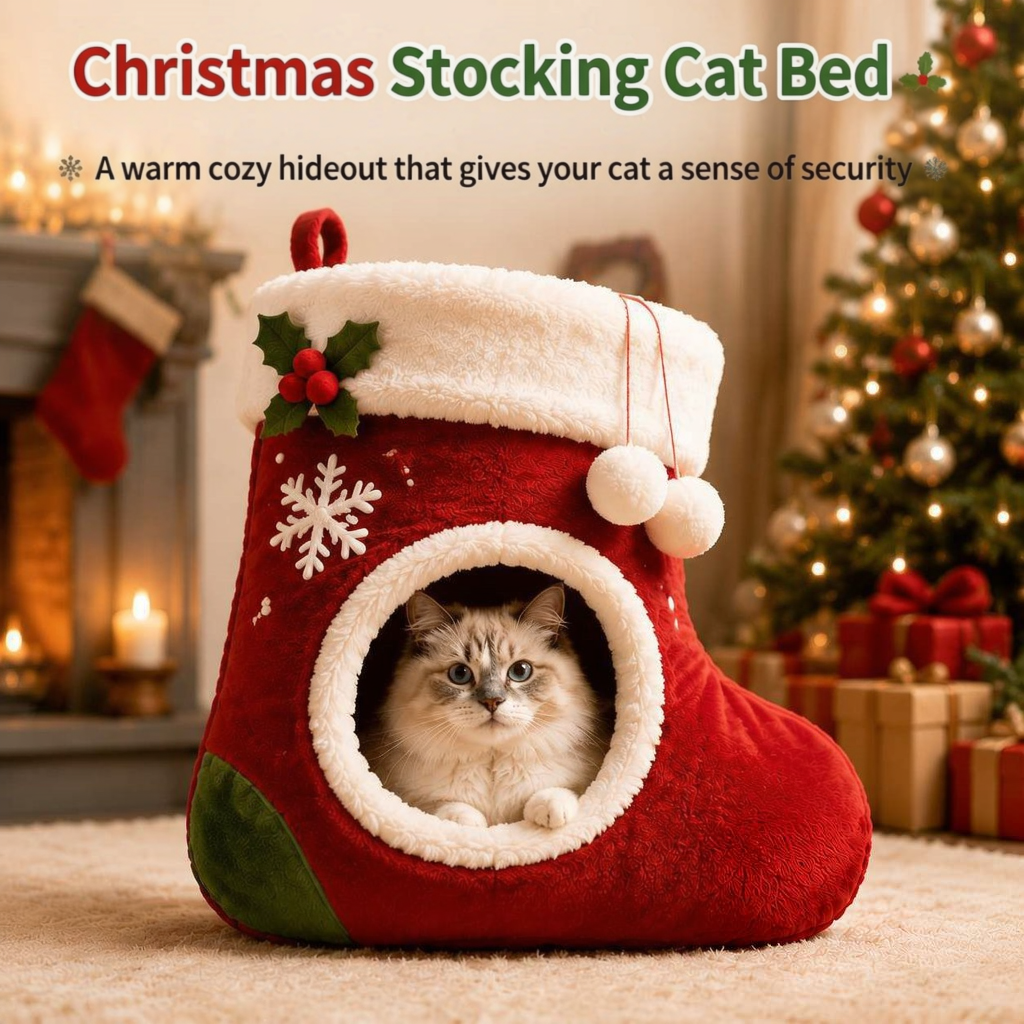 Christmas Stocking Hanging Plush Cat Cave Bed