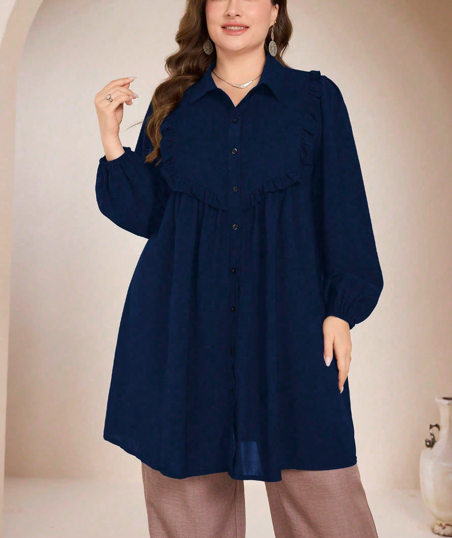 Women's Plus-Size Lace-Trim Lantern Sleeve Shirt