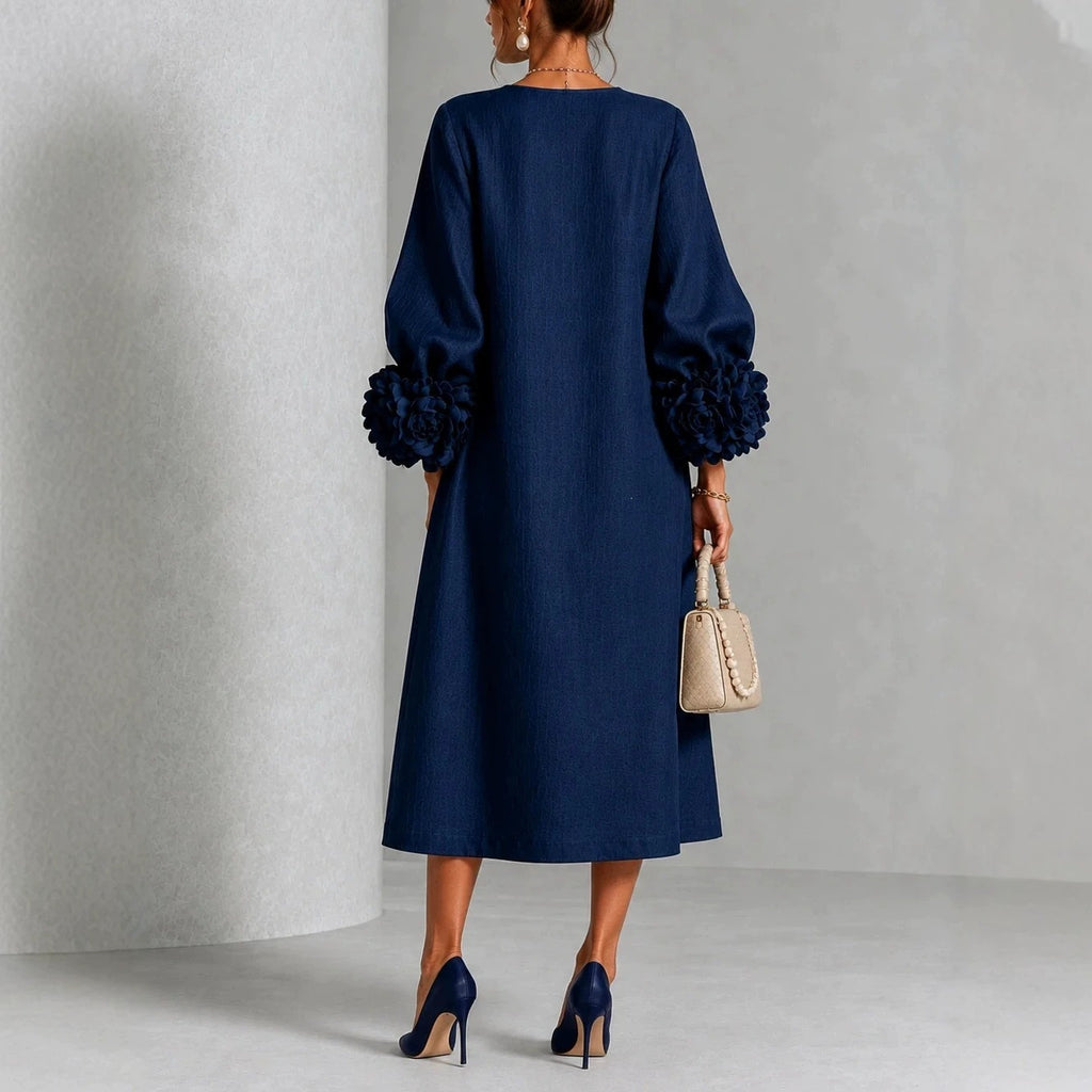 French-Style 3D Floral Lantern-Sleeve Dress