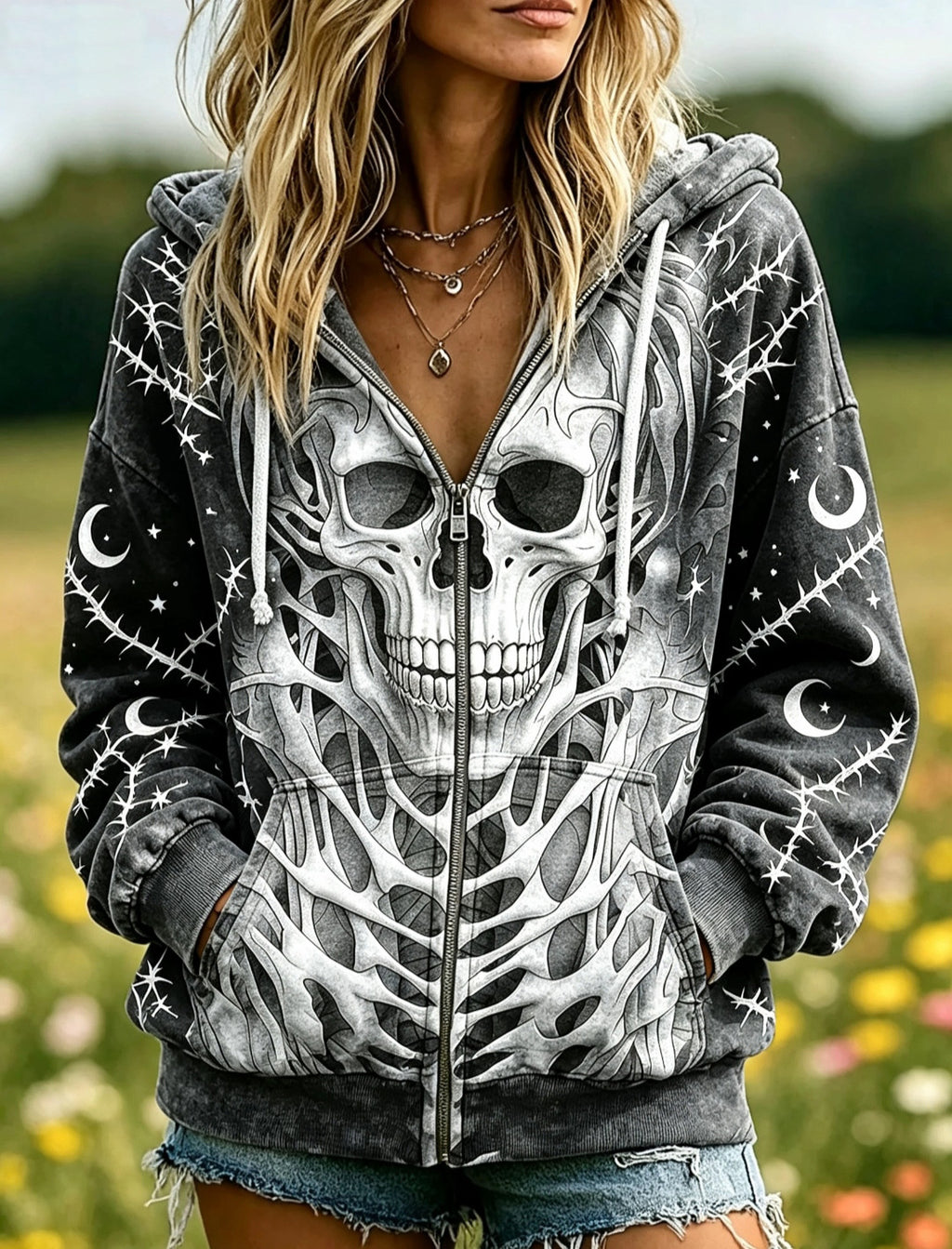 Women's Skull Print Hooded Zip-Up Cardigan Jacket