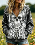 Women's Skull Print Hooded Zip-Up Cardigan Jacket