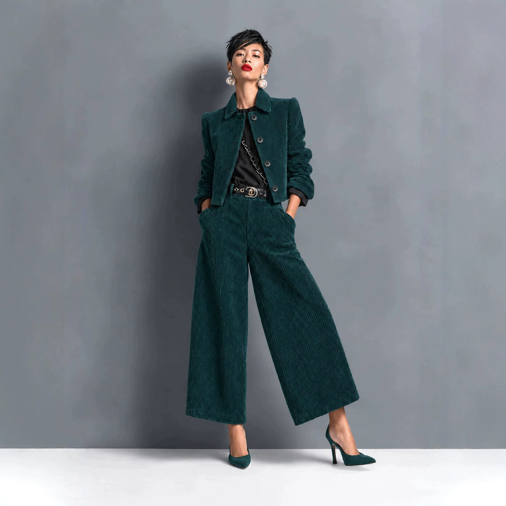 Women's Corduroy Cropped Jacket & Wide-Leg Pants Set