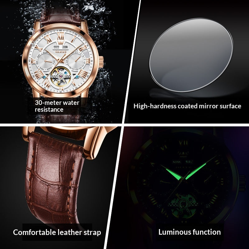 Men's Automatic Mechanical Watch with Leather Strap