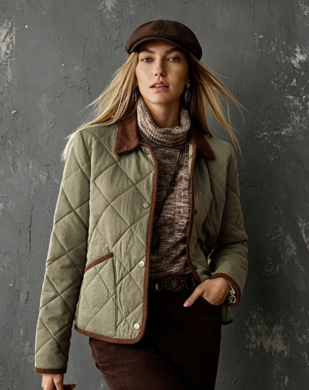 Women's Quilted Jacket with Corduroy Collar