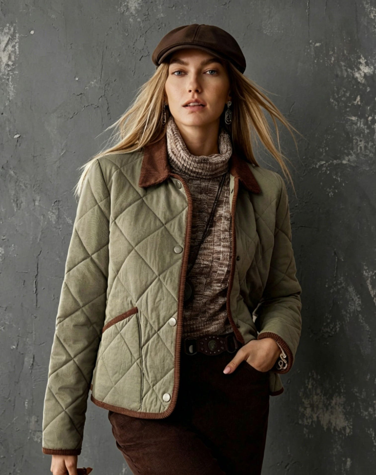 Women's Quilted Jacket with Corduroy Collar