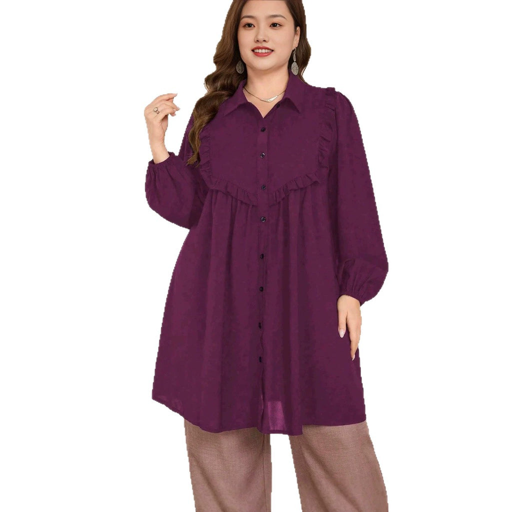 Women's Plus-Size Lace-Trim Lantern Sleeve Shirt