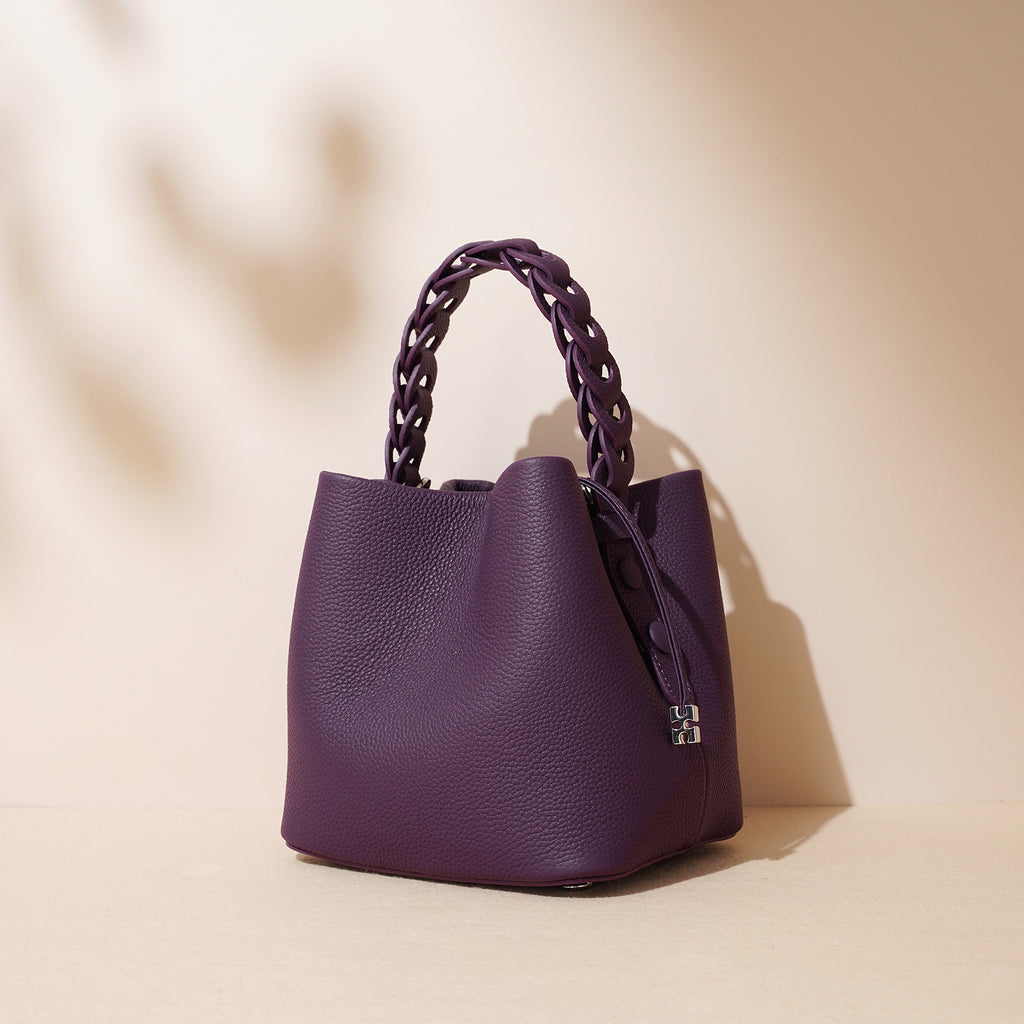 Women's Woven Top-Grain Leather Bucket Bag
