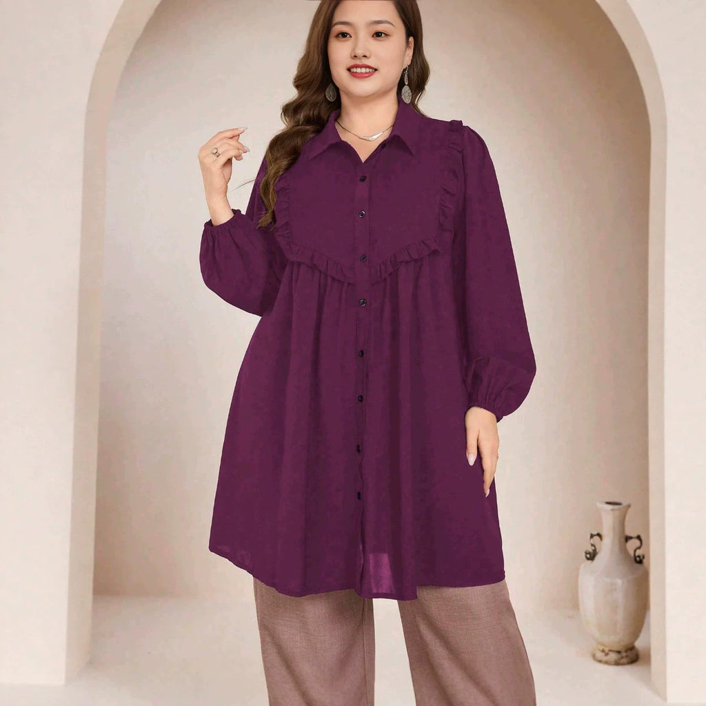 Women's Plus-Size Lace-Trim Lantern Sleeve Shirt