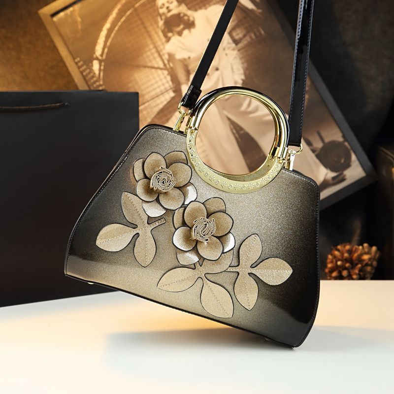 Women's Patent Leather Flower Tote Handbag