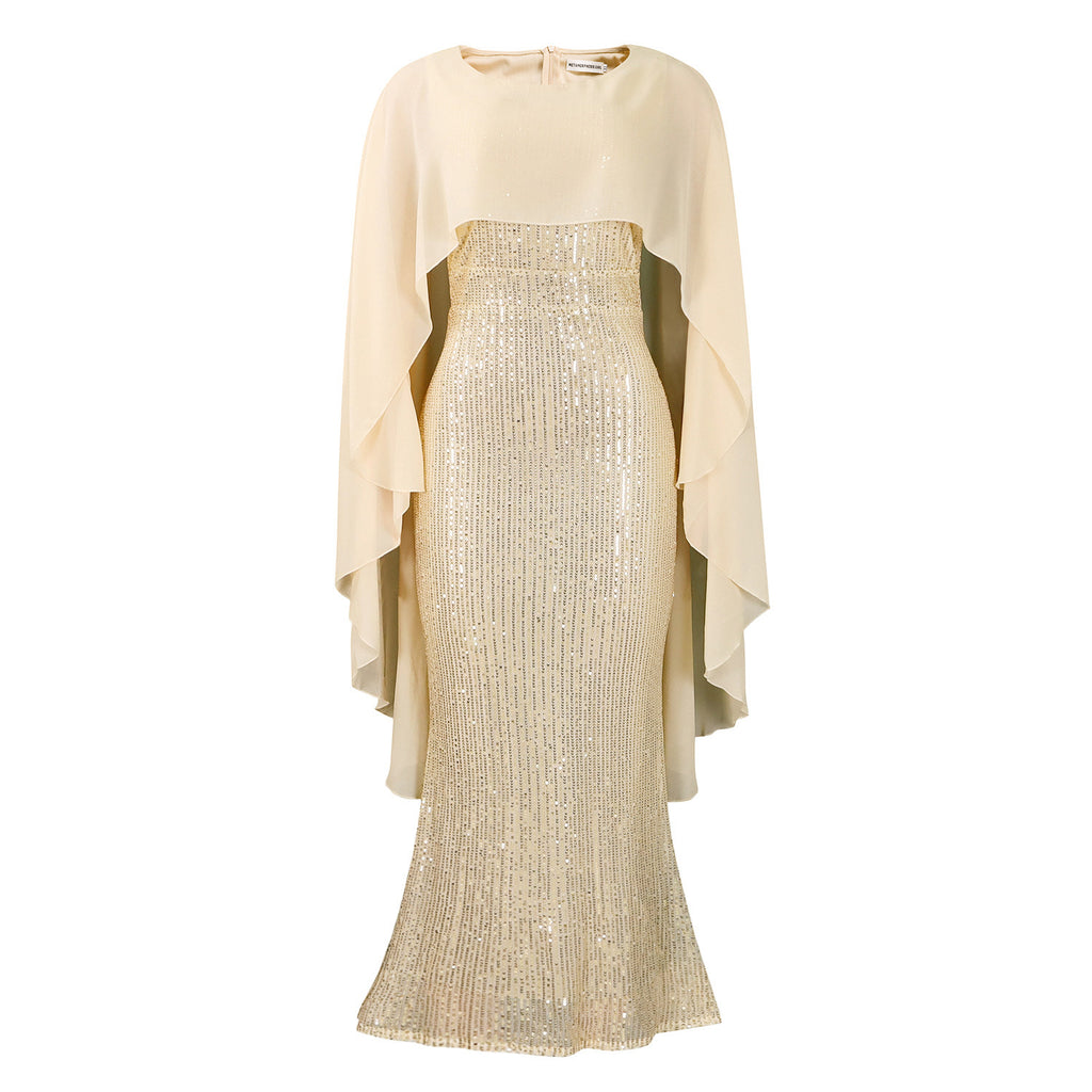 Sequined Bodycon Maxi Dress with Chiffon Cape