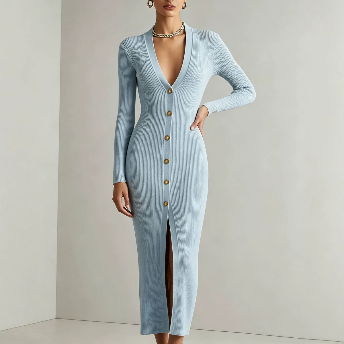 Women's Elegant Long-Sleeve Midi Dress