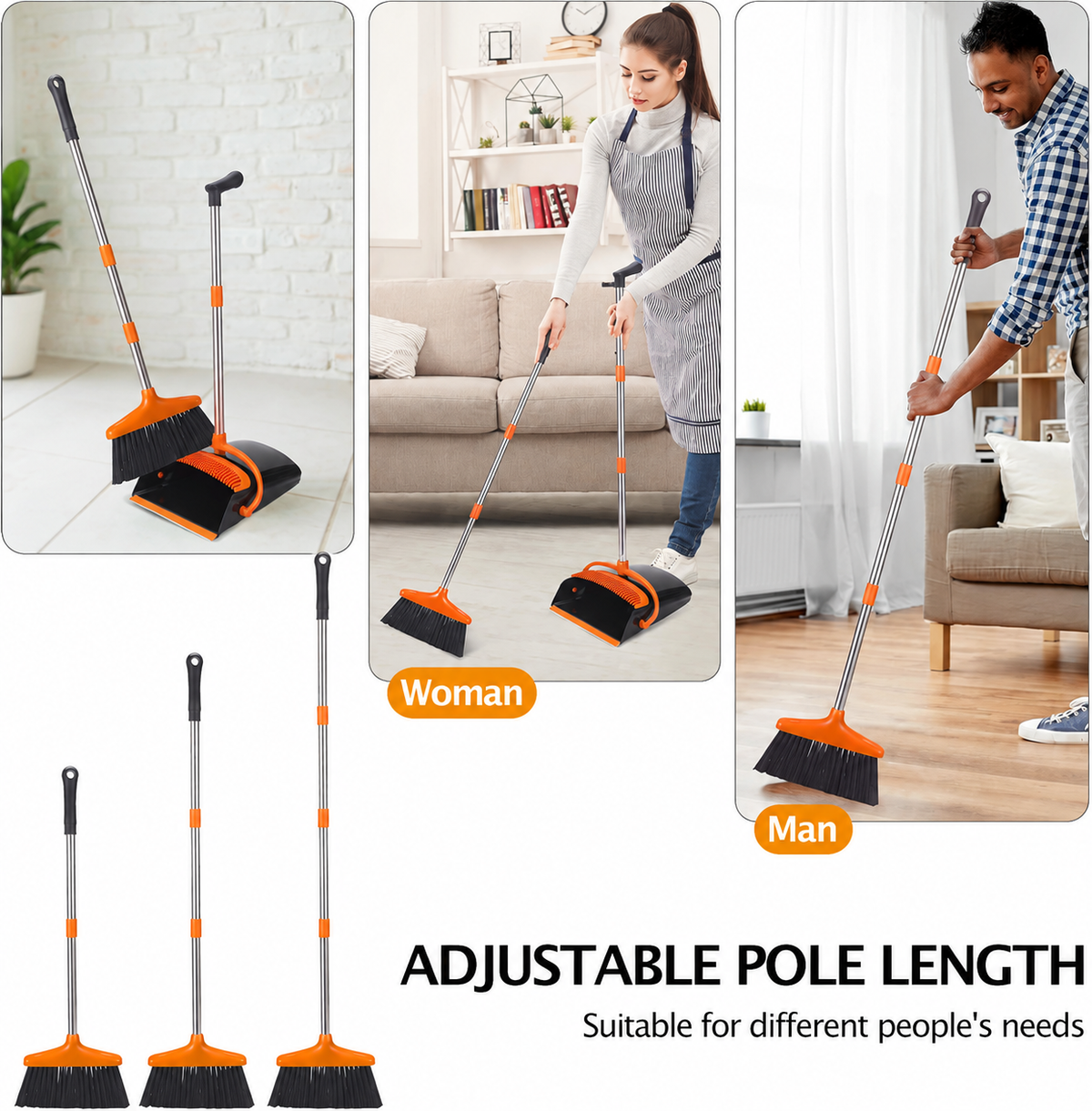 Adjustable Long-Handle Broom & Upright Dustpan Set
