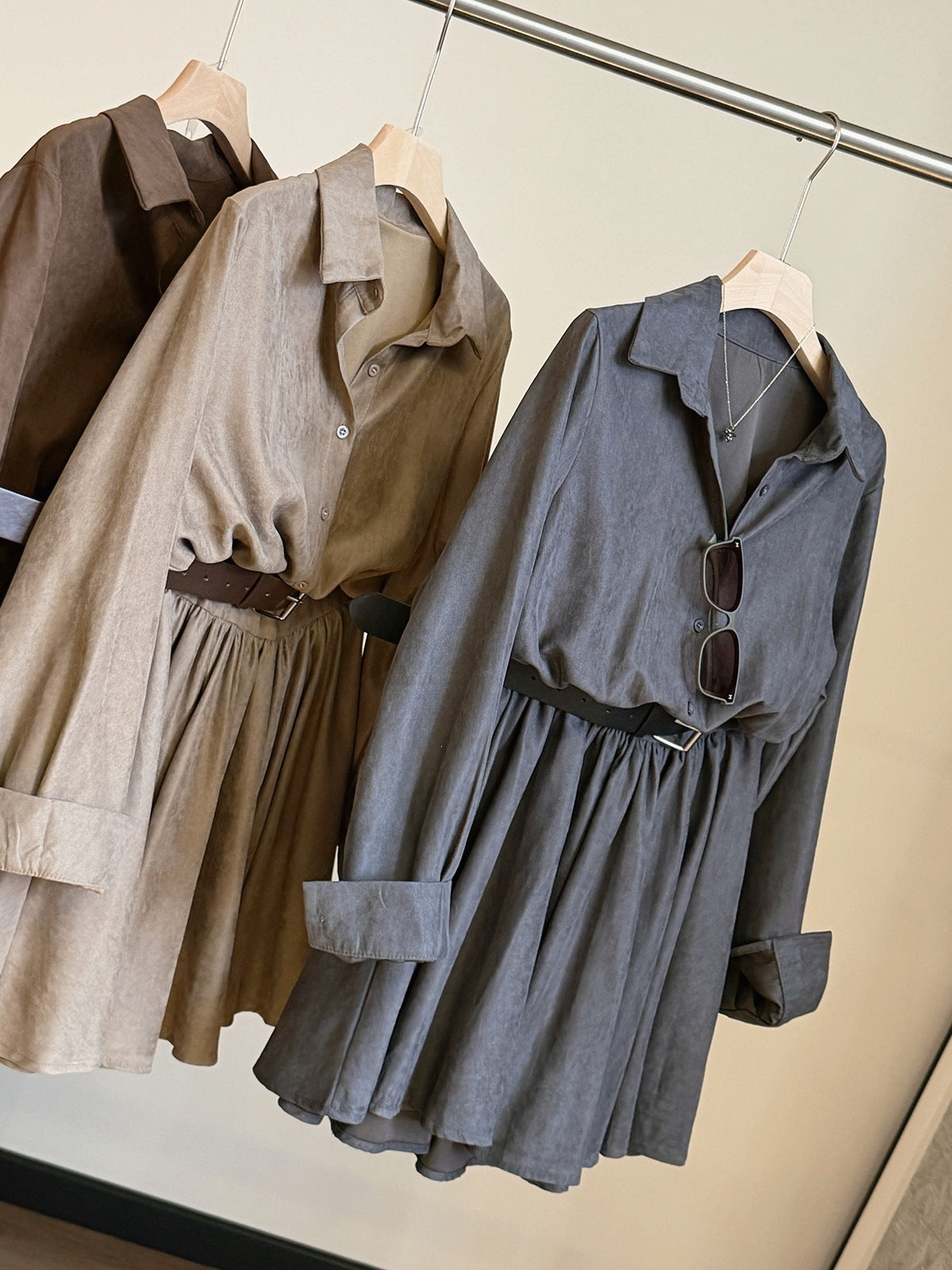 Women's Retro Suede Long-Sleeve Shirt Dress