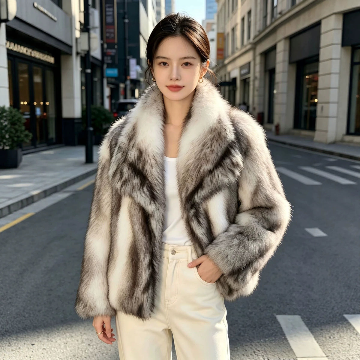 Women's Color-Block Plush Jacket with Large Lapel