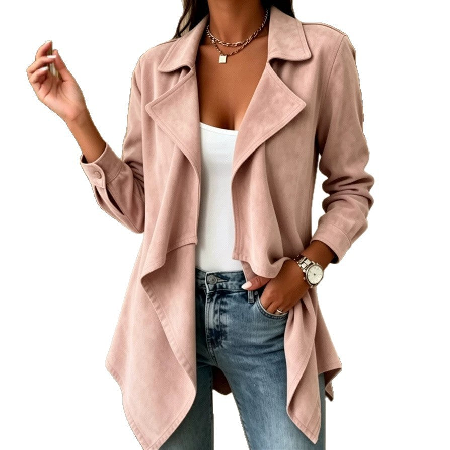 Women's Faux Suede Mid-Length Cardigan Jacket