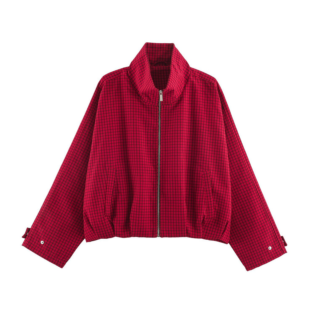 Women's Plaid Stand-Collar Bomber Jacket