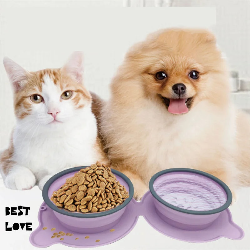Portable Silicone Double Dog Food Bowls Foldable Non-Slip Cat