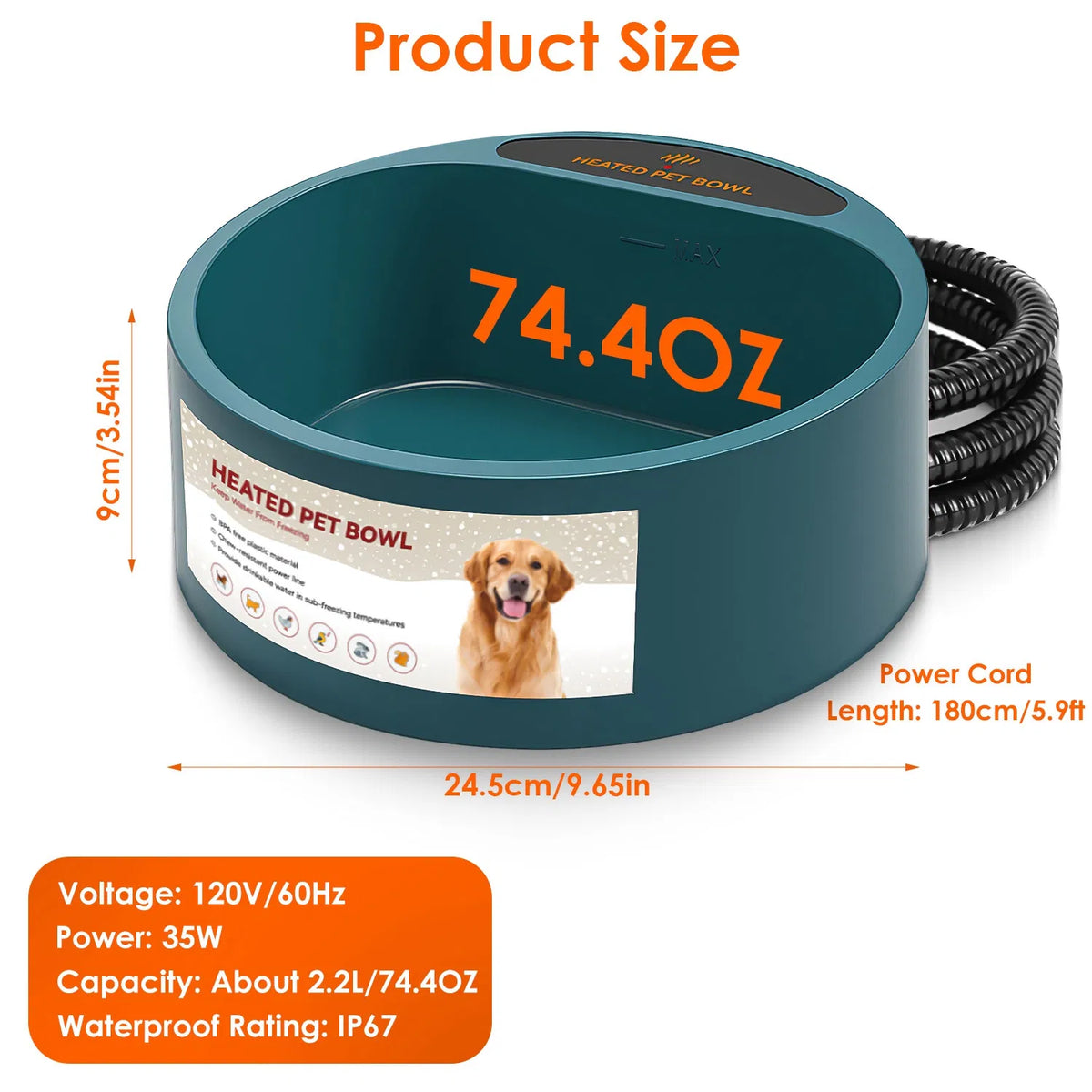 Heated Pet Water Bowl 74oz - Thermostatic Dog & Cat Water Dish
