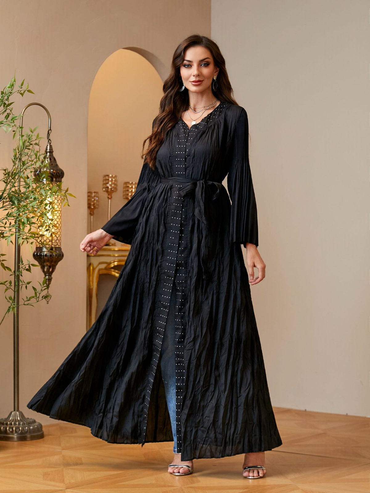 Women's Crinkled Long Cardigan Robe with Flared Sleeves